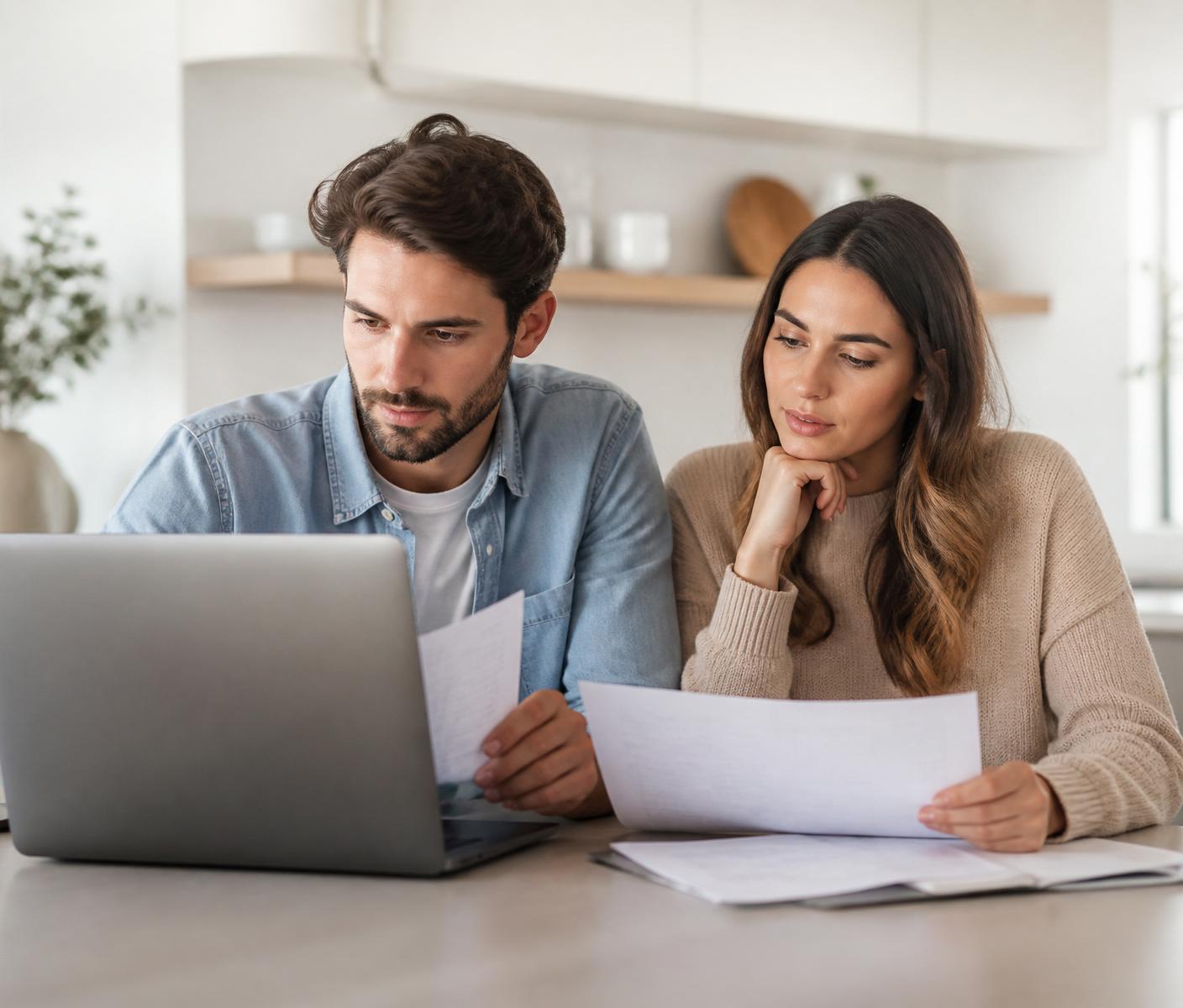 Couple reviewing home finances at a kitchen table