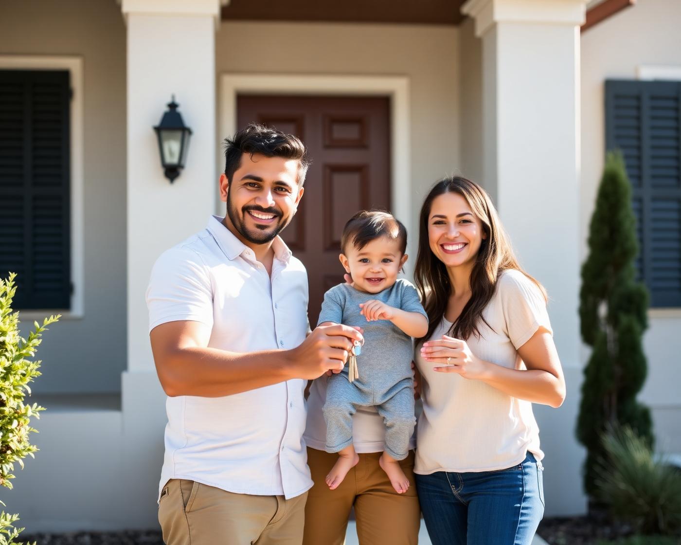 Happy Hispanic family holding keys in front of their new home